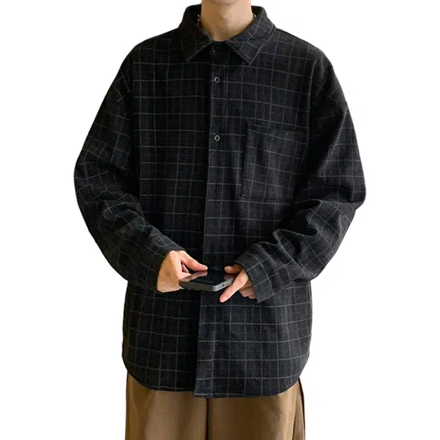 冈哉 条纹格子美式复古翻领单排扣宽松休闲百搭长袖衬衫 男女同款