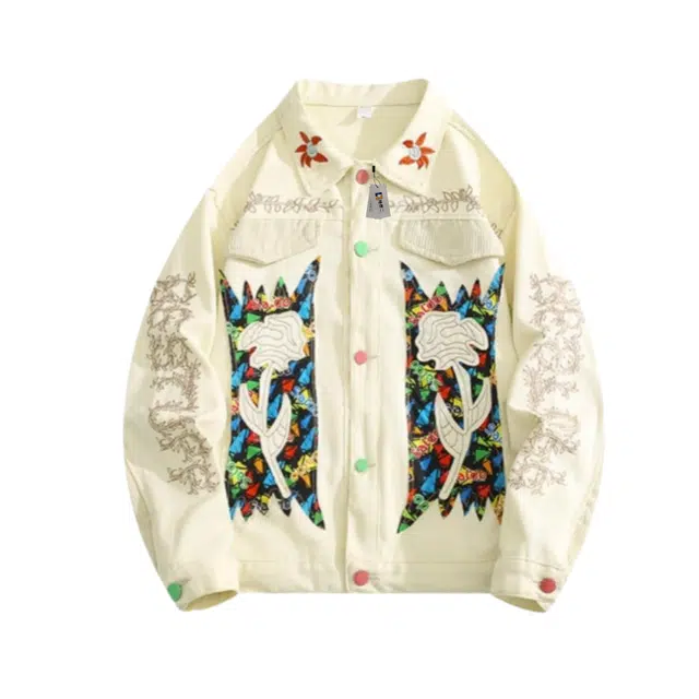 地界二 灯芯绒拼接外套日系学院风贴布刺绣小众牛仔潮夹克 男款