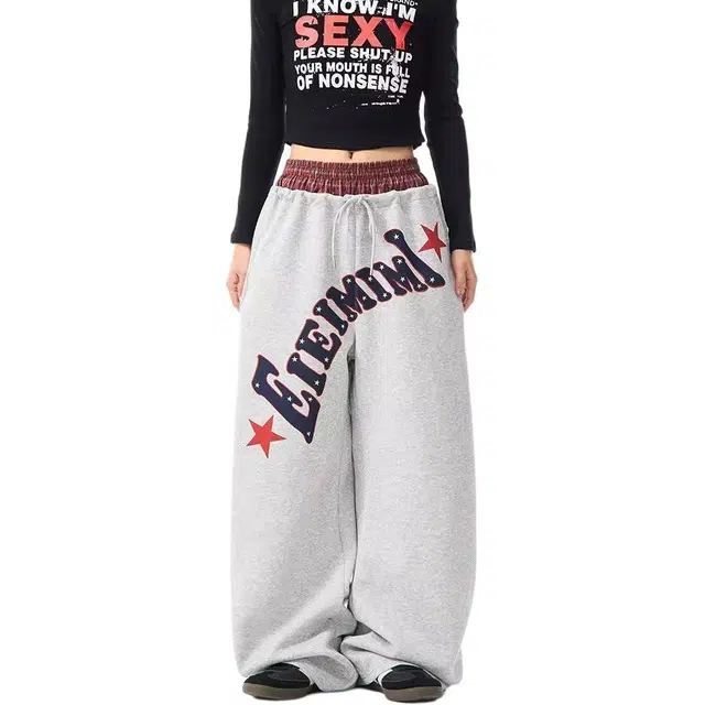 柏黛妃 美式复古腰头拼接头字母印花运动卫裤女慵懒风宽松阔腿休闲裤 女款