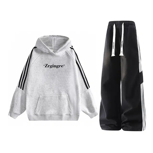 梓润格 美式复古休闲简约酷飒时尚潮流高级设计高街个性三条杠学院风条纹舒适牛仔裤青少年直筒裤户外运动宽松织带连帽卫衣套装 男女同款