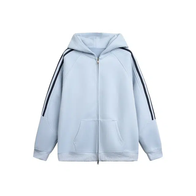 假日伯爵 美式复古高街时尚潮流休闲百搭棉弹舒适柔软亲肤纯色拼接条纹连帽开衫长袖卫衣外套夹克 男女同款