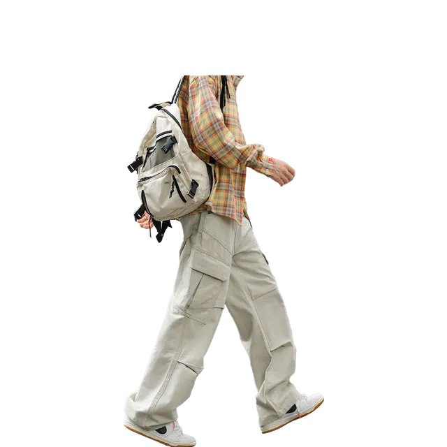 港仔文艺男 褶皱拼接解构日系工装侧面大口袋垂感直筒裤百搭潮流简约休闲裤 男女同款