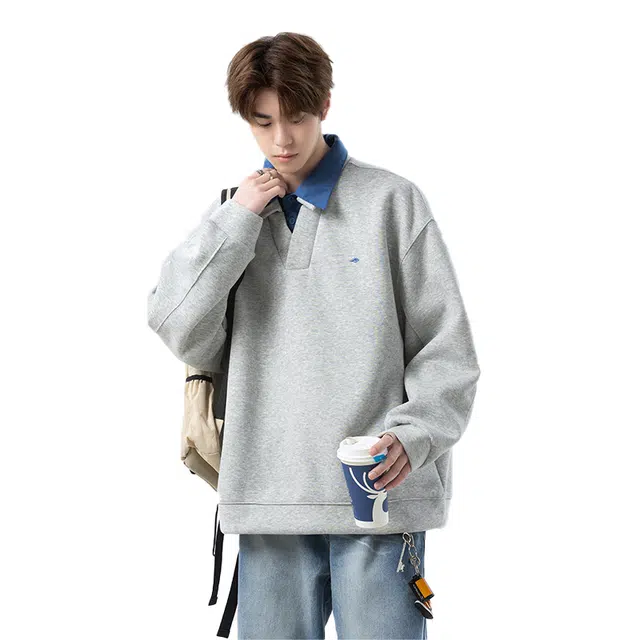 佐菲利 美式学院风假两件亨利领设计感宽松情侣长袖潮卫衣 男女同款