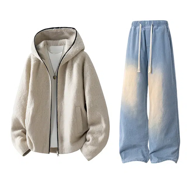 【粗纺仿羊绒外套裤子一套】布客行 连帽高街绒感保暖美式复古上衣夹克直筒水洗做旧微喇基础款松紧腰抽绳牛仔裤休闲运动套装 男女同款