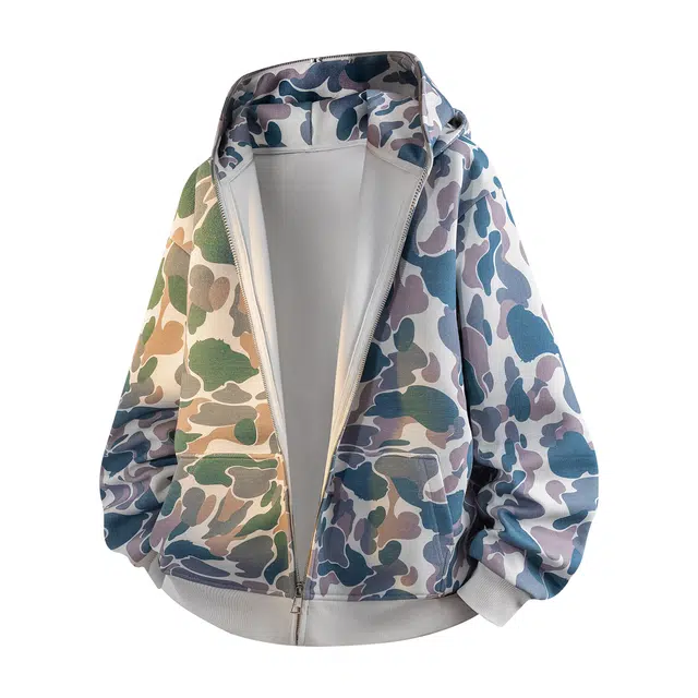 哲源 美式复古个性迷彩立体重磅双帽设计感男款春秋外套潮牌百搭宽松舒适正肩开衫拉链情侣款休闲卫衣 男女同款