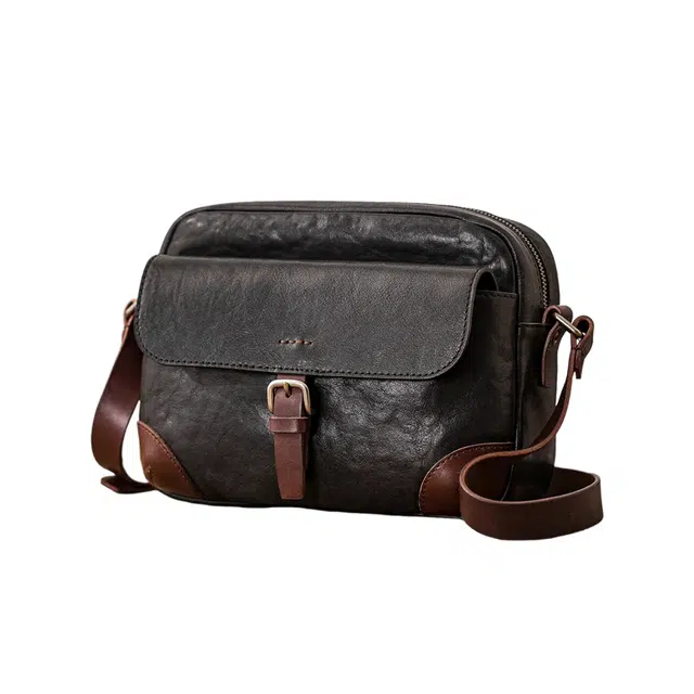 后步 小众原创设计复古质感通勤休闲撞色 牛皮 单肩包 常规 男款 黑色