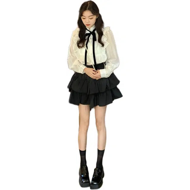 沐晓欣 法式纯欲宫廷风上衣蛋糕裙蝴蝶结衬衫长袖百搭裤裙甜美两件套裙装套装 女款