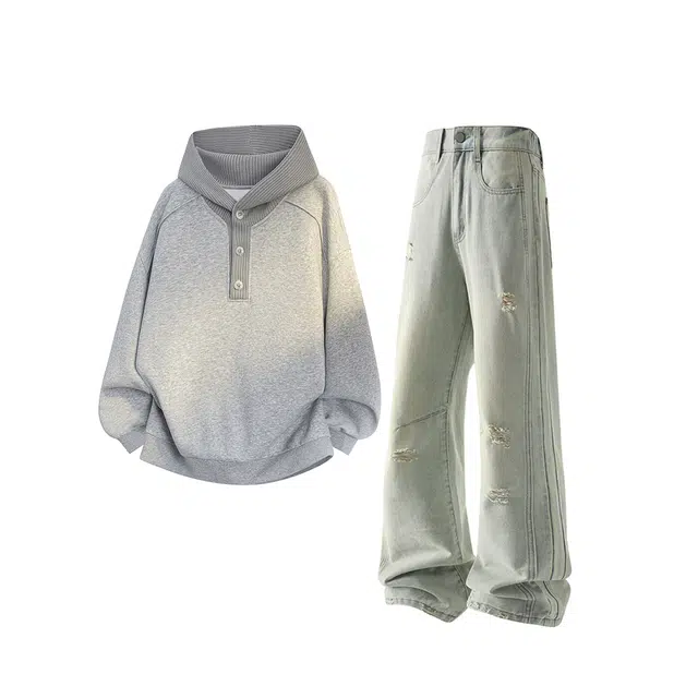 素杭 潮流针织帽拼接卫衣外套复古做旧水洗破洞直筒牛仔裤两件套日常休闲运动套装 男女同款