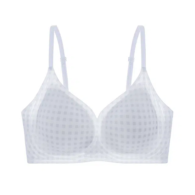 二三二三 裸感冰凉亲肤柔软内衣舒适透气吸汗聚拢防下垂胸罩清新格子侧收副乳美背甜美百搭日常通勤可调节肩带文胸 女款