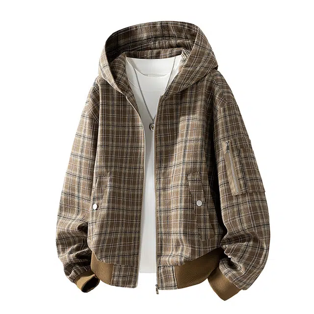 艾梵斯贝 美式复古潮流格纹中古简约设计款日常通勤百搭潮酷高级感宽松休闲时尚工装风连帽开衫夹克 男款