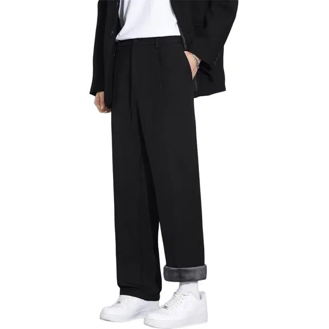 顶峰保罗 潮牌纯色秋冬加绒加厚直筒宽松长裤无性别主义商务小西裤潮流百搭亲肤舒适休闲裤 男女同款