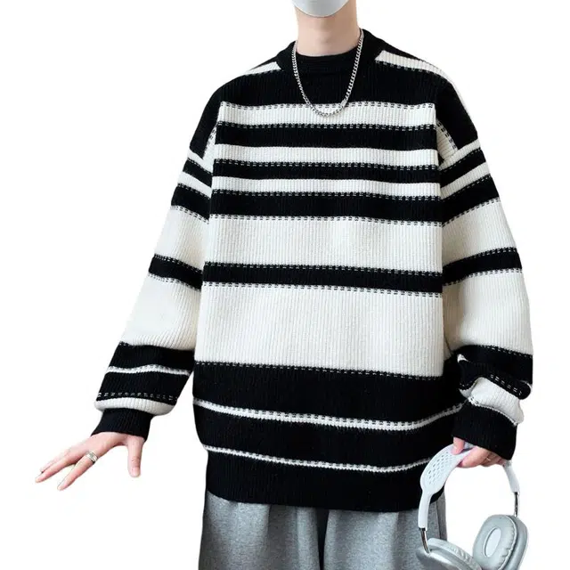 百胜狐 圆领条纹宽松潮牌针织衫 男款