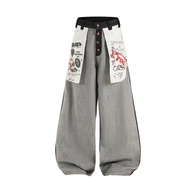 欧路得 美式街头风男女秋潮牌主题印花拖地长裤复古做旧大口袋裤子牛仔裤 男款