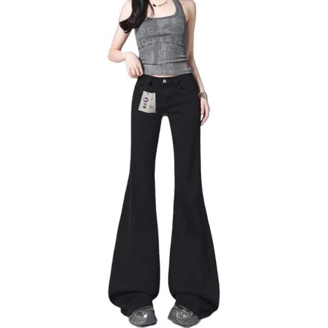 识恩 黑色低腰微喇辣妹不贴腿宽松阔腿喇叭裤牛仔裤 女款