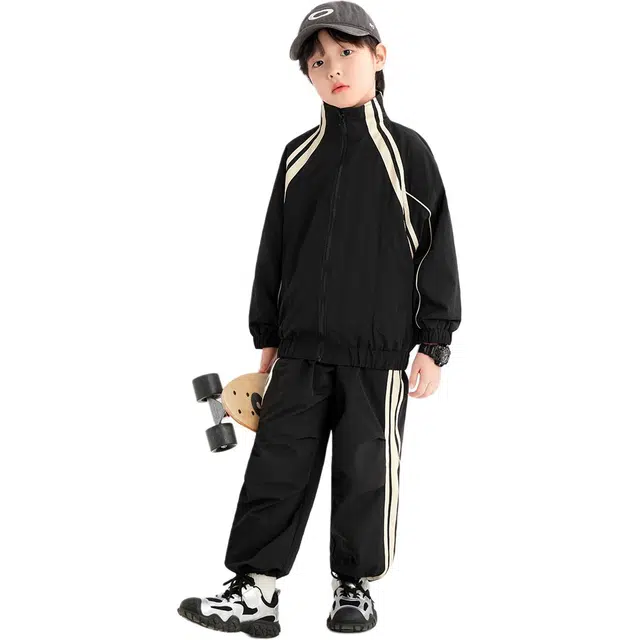 左西休闲运动套装 条纹舒适立领拉链耐磨防风撞色 黑色 中小童