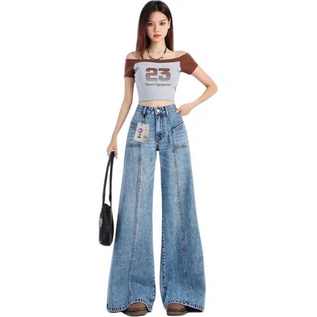 识恩 浅蓝色水洗阔腿显瘦垂感不贴腿大喇叭裤子牛仔裤 女款