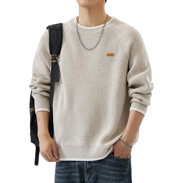 前进牛 休闲经典潮牌假两件潮流轻奢文艺风日系复古宽松百搭保暖圆领套头针织衫 男女同款