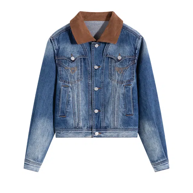 拾籍 美式复古秋冬季翻领拼接水洗渐变设计感高街潮流百搭休闲牛仔外套 女款