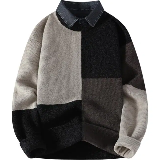 百胜狐 百胜狐冬季复古英伦风翻领男宽松大码潮流假两件慵懒针织衫 男款