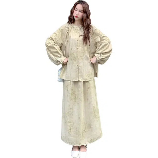 稻草人 韩系慵懒风松弛感衬衫半身裙两件套裙装套装 女款