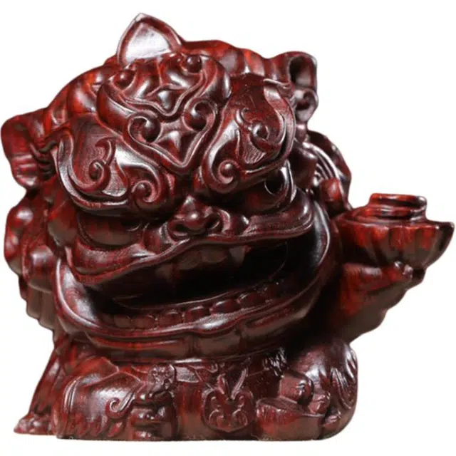 得笙陌 木雕献宝狮创意国潮可爱小狮子小玩意茶宠 血檀 摆件 男女同款情侣款