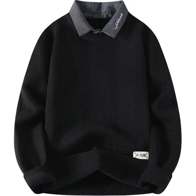 百胜狐 衬衫领男秋冬款假两件男潮牌内搭青少年高级感毛线衣外套针织衫 男款