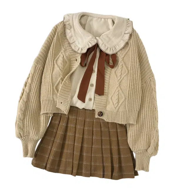 桴生 港风女秋冬短款针织衫毛衣外套娃娃领衬衫两件套甜美裙装套装 女款