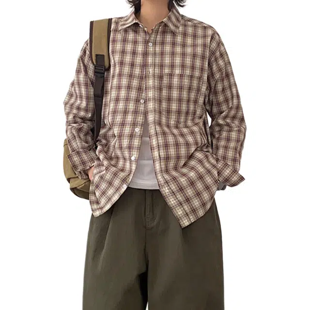 冈哉 日系复古做旧格纹口袋长袖宽松叠穿潮搭垂感痞帅少年感舒适打底内搭外穿春秋款衬衫 男女同款