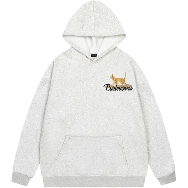 邓大喵 趣味猫咪印花连帽秋冬慵懒风情侣百搭加绒外套潮卫衣 女款