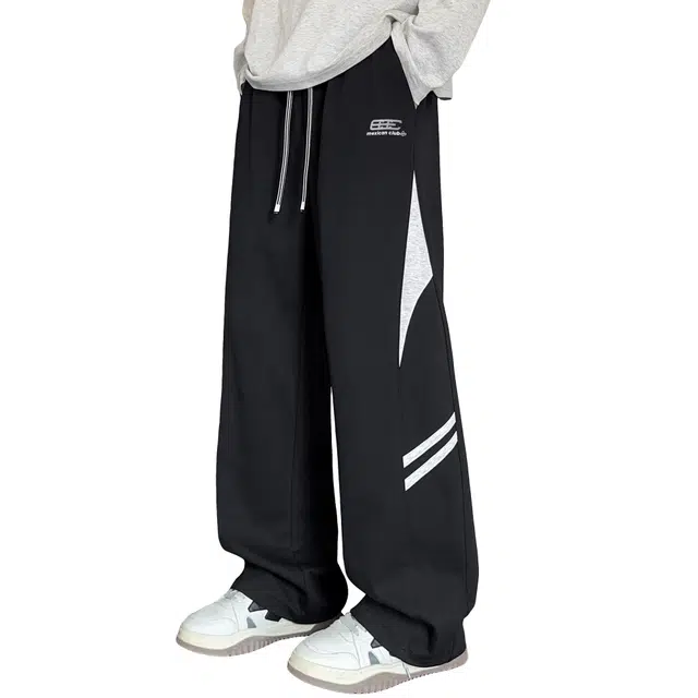 稻草人 美式高街撞色拼接设计感品牌字母图案重磅弯刀宽松通勤百搭长裤针织运动系带秋季情侣休闲裤 男女同款