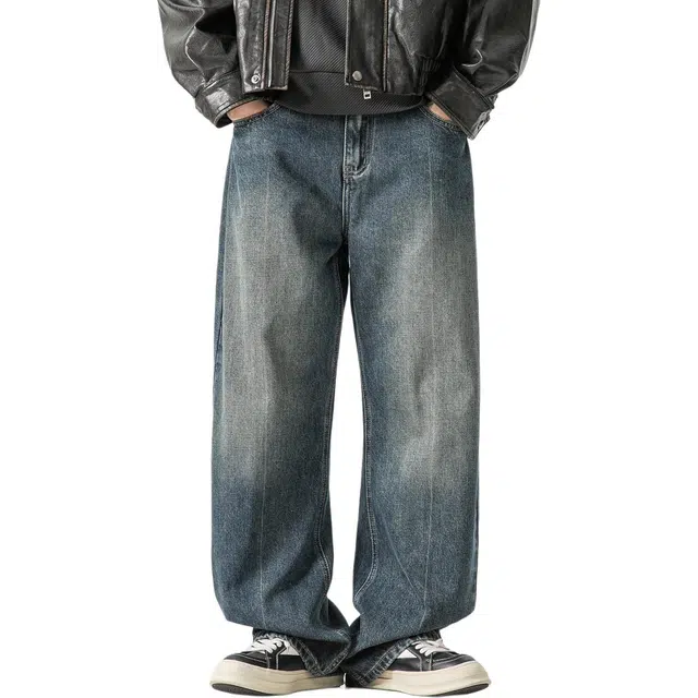 米素力 复古水洗日系直筒休闲中腰牛仔裤 男女同款