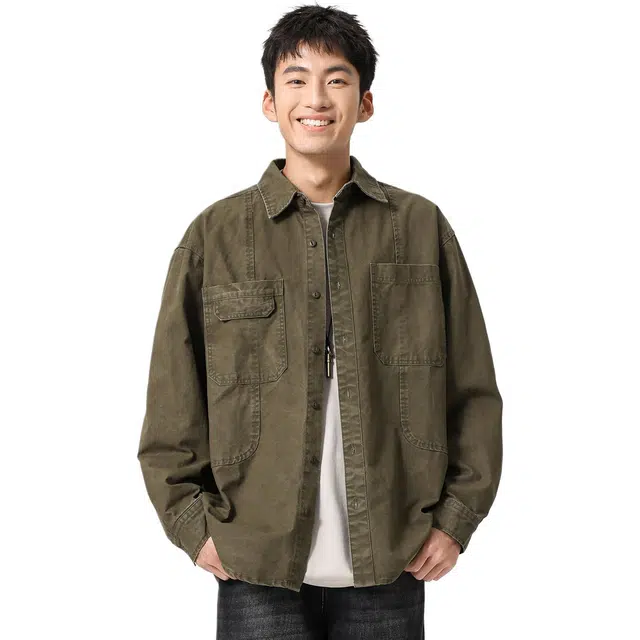 米素力 复古水洗做旧工装线条落肩袖长袖美式衬衫 男女同款