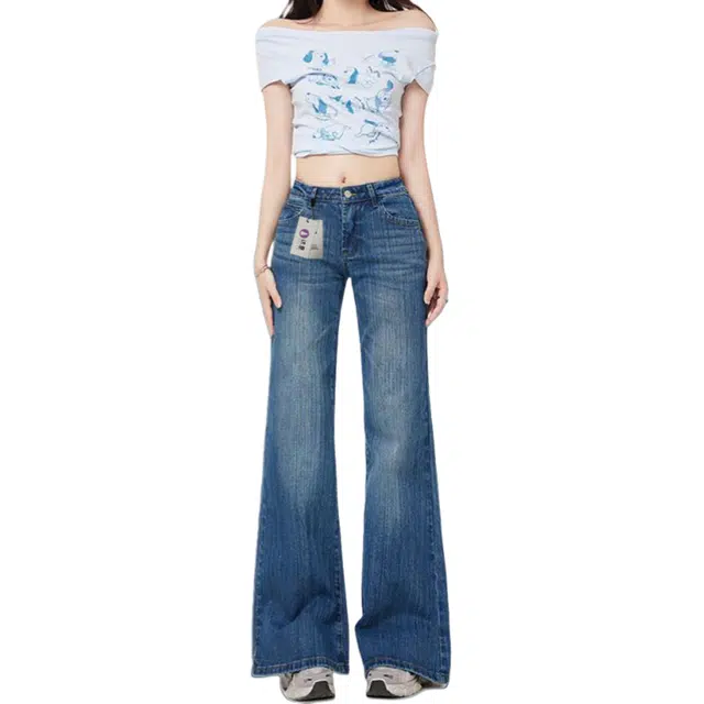 识恩 重工竹节纹微喇美式低腰不贴腿宽松阔腿喇叭裤子牛仔裤 女款