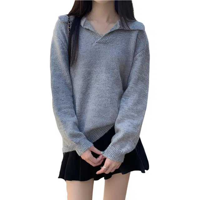 荟萃阁 慵懒软糯百搭宽松高级感翻领长袖上衣针织衫 女款