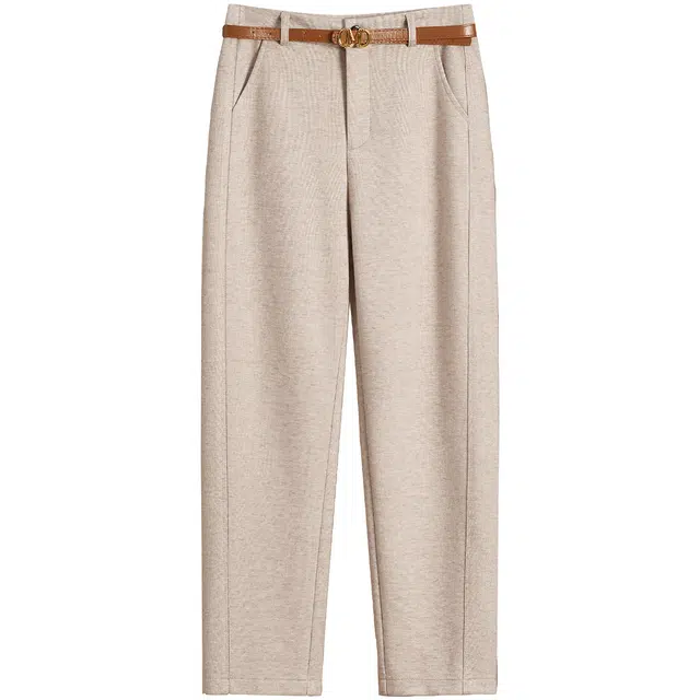 她池 通勤简约高腰纯色拼接九分休闲裤 女款