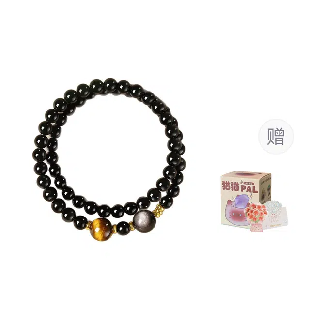 陌阡雪 事业有成 国潮简约双圈转运珠转运纳福小众设计 时尚简约复古百搭高级感串珠#好运 黑曜石 手串 男女同款情侣款