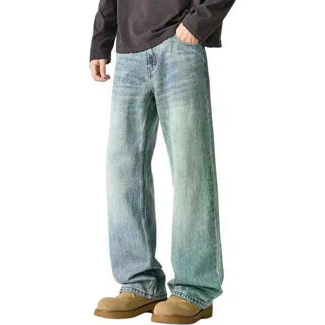 米素力 秋季潮流休闲纯色宽松美式中腰牛仔裤 男女同款