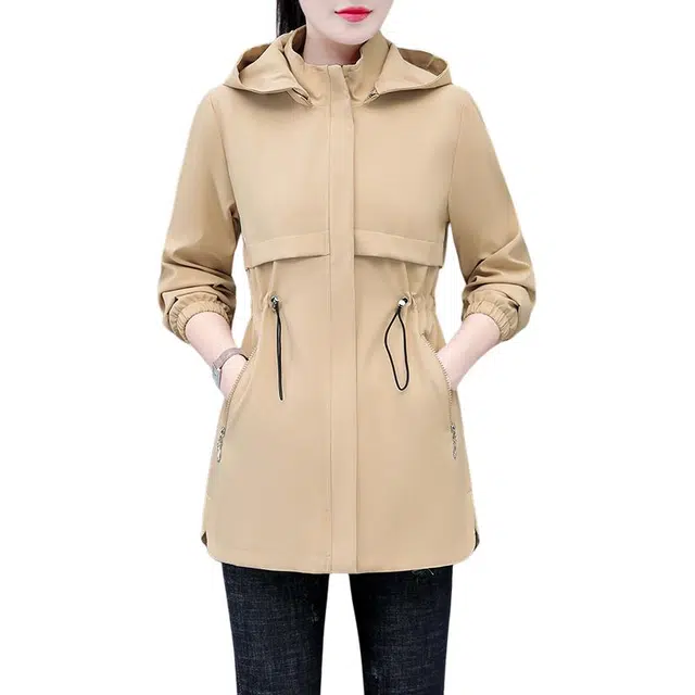 缪斯的诱惑 经典时尚气质优雅洋气减龄百搭简约舒适柔软软壳衣户外运动防风登山服休闲开衫夹克外套收腰修身显瘦中长款可脱卸帽立领风衣 女款