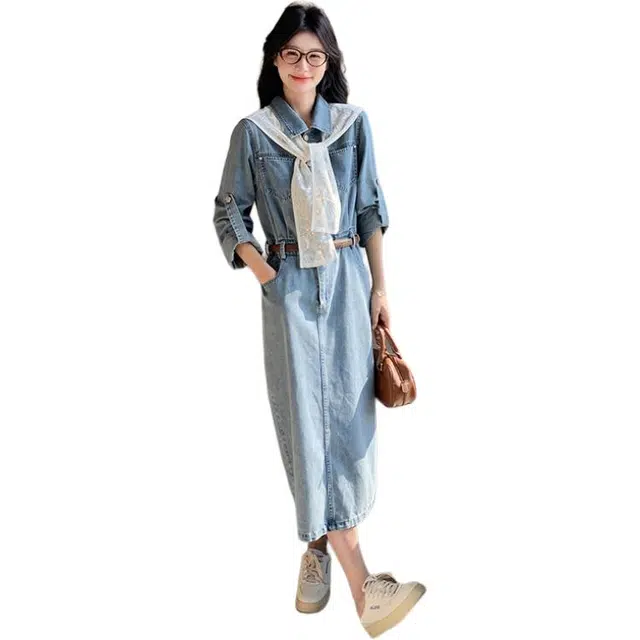 稻草人 蕾丝拼接牛仔韩系气质减龄收腰显瘦长裙长袖连衣裙 女款