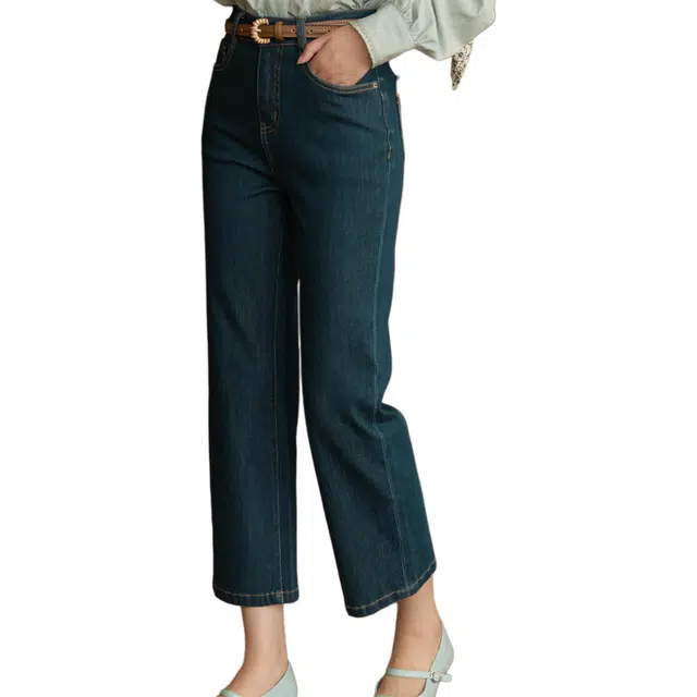 谜秀 显瘦弹力直筒标准通勤风高腰牛仔裤 女款