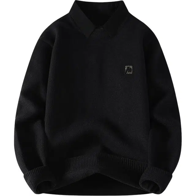 百胜狐 假两件秋冬加厚保暖线衣潮牌衬衫领外套长袖针织衫 男款