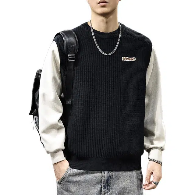 前进牛 秋季美式休闲高街潮牌运动学院雅痞帅假两件上衣潮流慵懒风重磅宽松圆领刺绣休闲外套长袖针织衫 男款