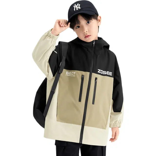 儿童 左西 童装 防水撞色拼接连帽夹克春秋款运动户外耐磨 男童