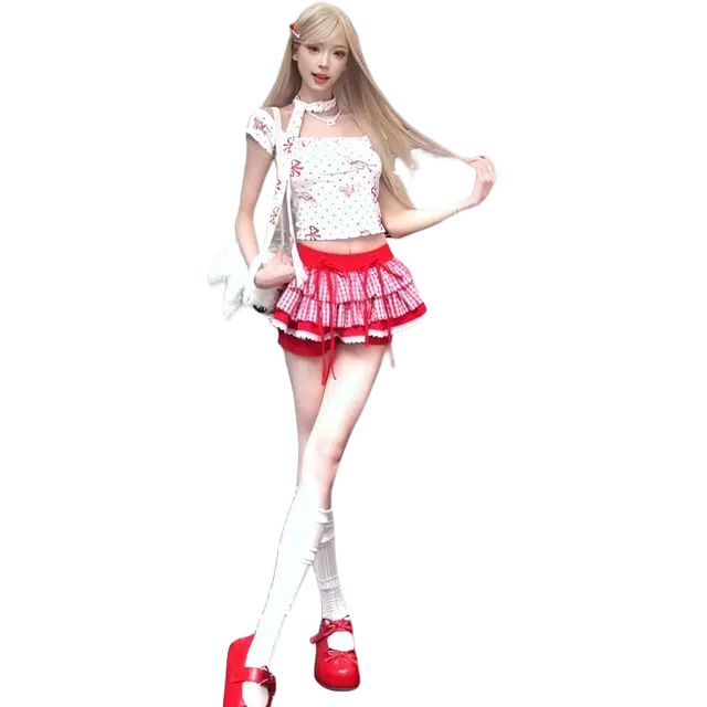 囍鱼少女 纯欲甜辣妹碎花短袖上衣穿搭蕾丝花边裙裤子两件套裙装套装 女款
