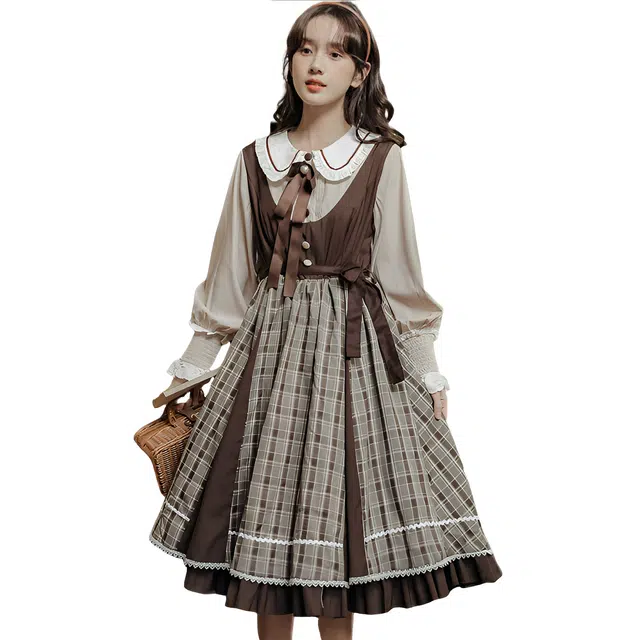 荟萃阁 复古娃娃领格纹拼接假两件海军领显瘦学院风裙子长袖连衣裙 女款