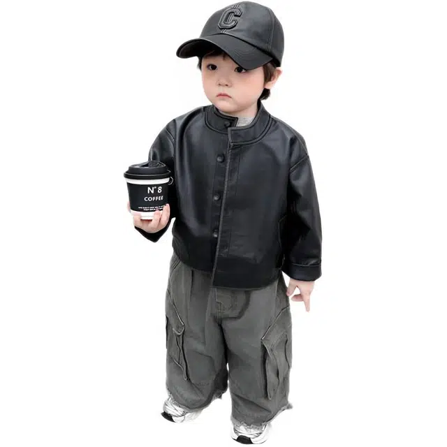 木木兔夹克 潮流时尚男童秋季外套 潮酷百搭时髦洋气宽松舒适街头风  男孩圆领皮衣 青少年