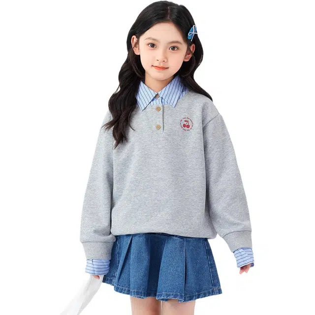 左西卫衣 布丁系列 条纹假两件拼接透气耐磨长袖 灰色 中小童