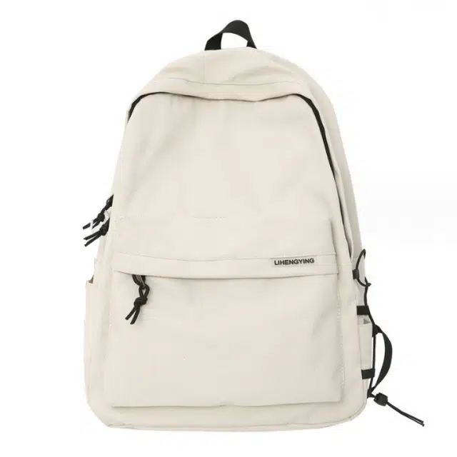 八小万 简约百搭日系纯色学生 尼龙 书包背包双肩包 男女同款情侣款 米白色/暗黑色