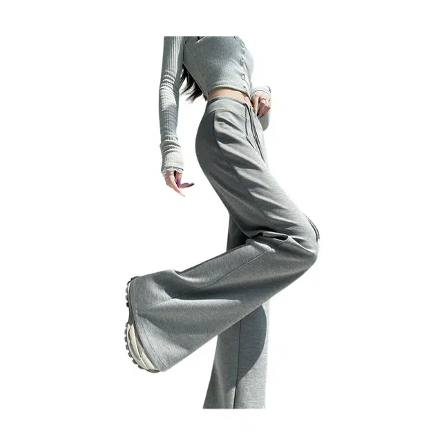 荟萃阁 美式复古高腰抽绳阔腿卫裤女百搭微喇裤子休闲裤 女款