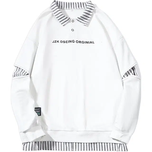 太子龍 大码印花假两件条纹卫衣 男款